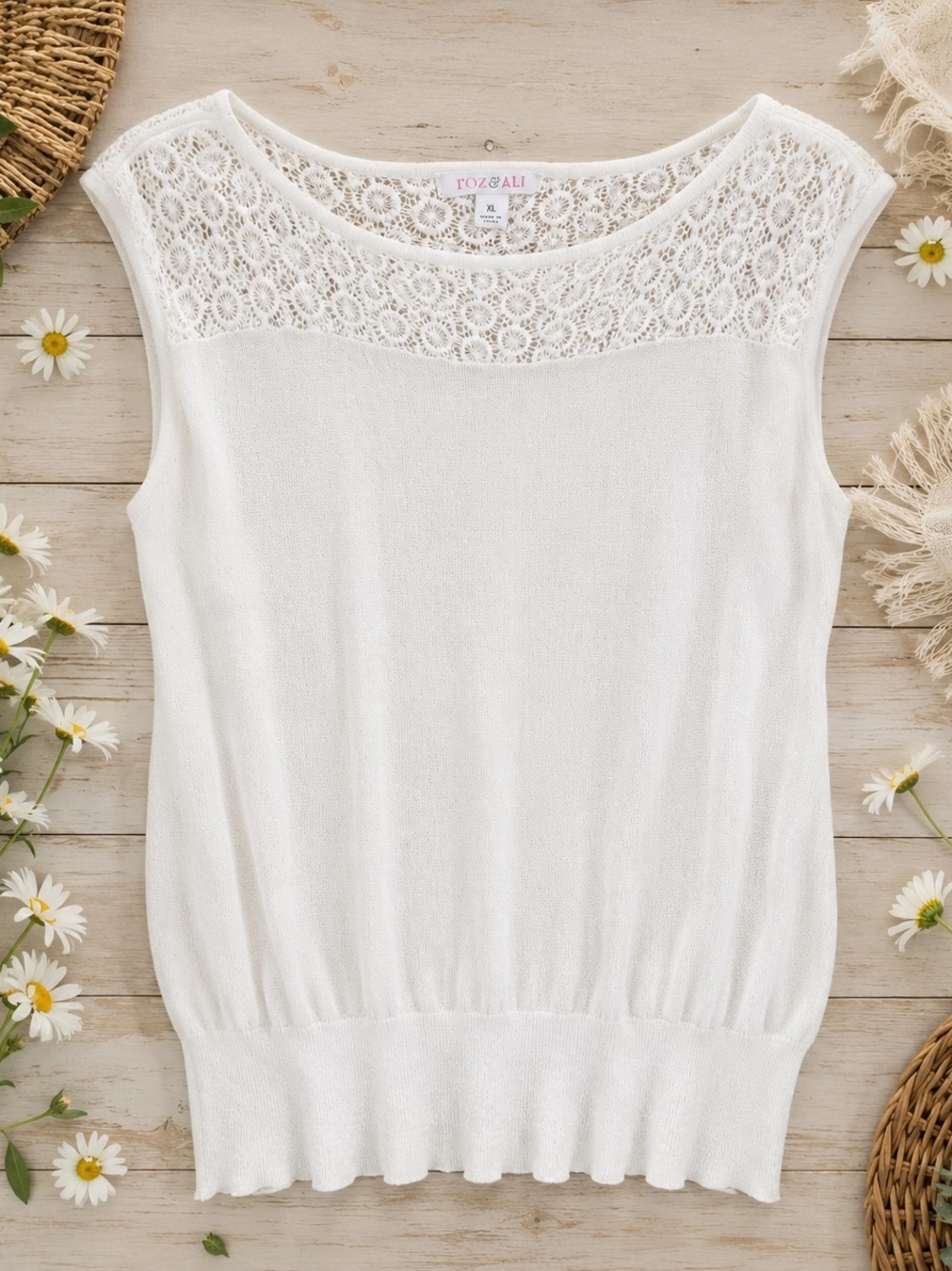 Roz & Ali White Boho Lace Rayon Top XL Cottagecore